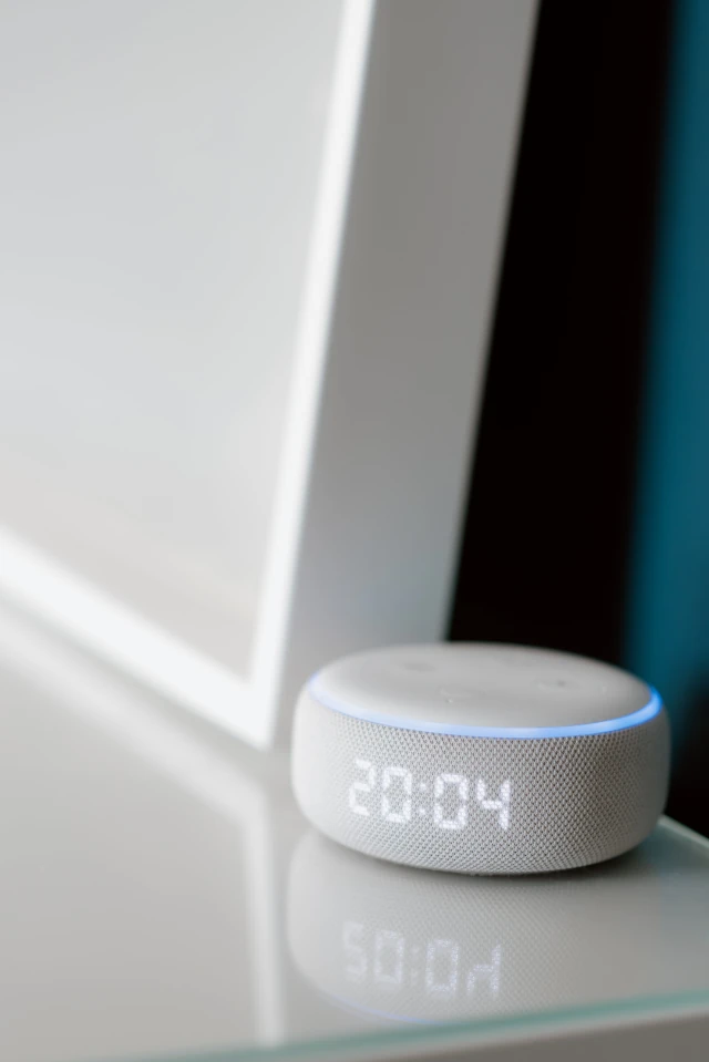 An Amazon Echo Dot smart speaker. 