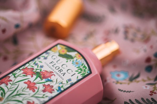 A bottle of Gucci Flora perfume. 