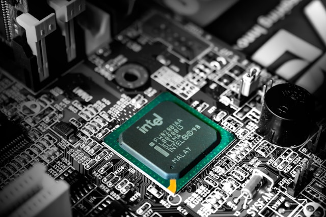 Intel CPU on motherboard. 
