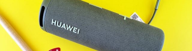 Huawei logo on a portable speaker.