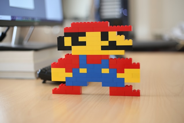 A Nintendo character made out of Lego bricks. 