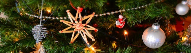 Decorations on a Christmas tree.