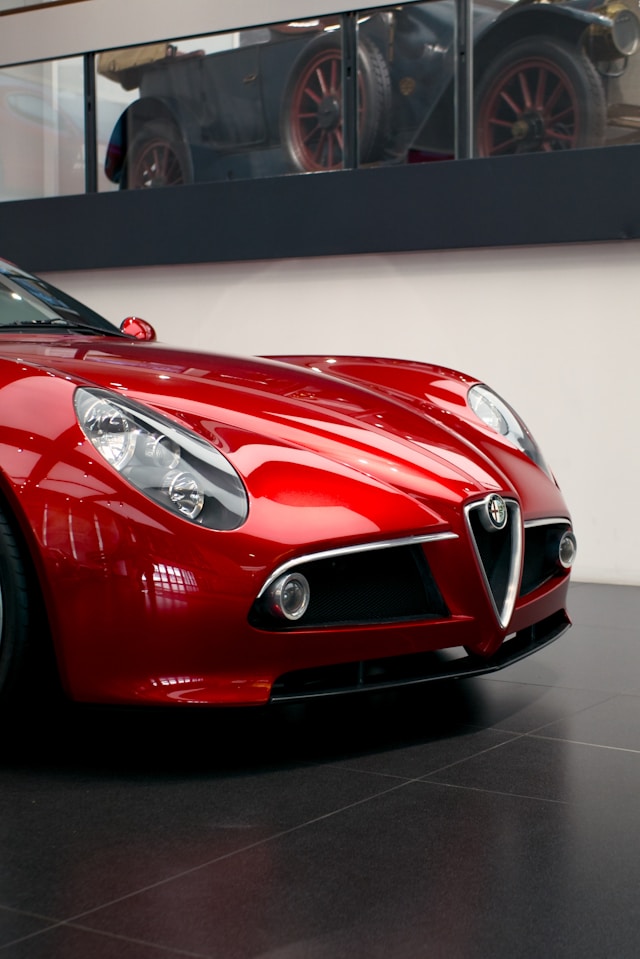 The nose of a modern Alfa Romeo sports car. 