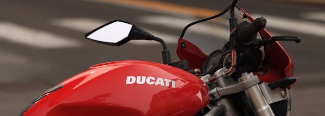 Ducati logo on a motorcycle fuel tank.