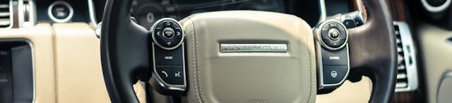 Ranger Rover steering wheel closeup, showing logo.