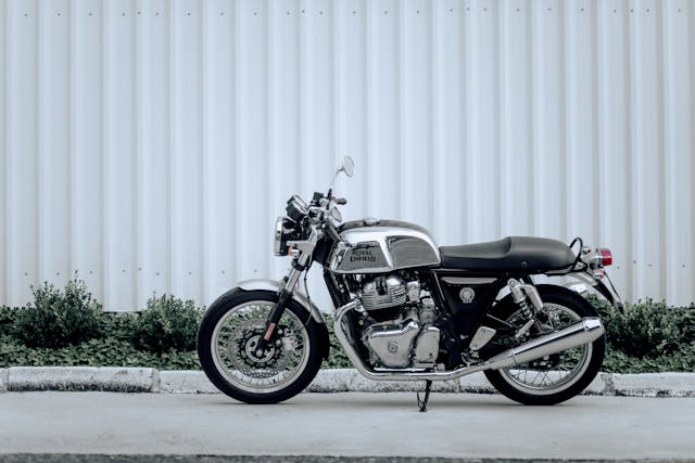 Side view of a Royal Enfield Continental GT motorcycle.